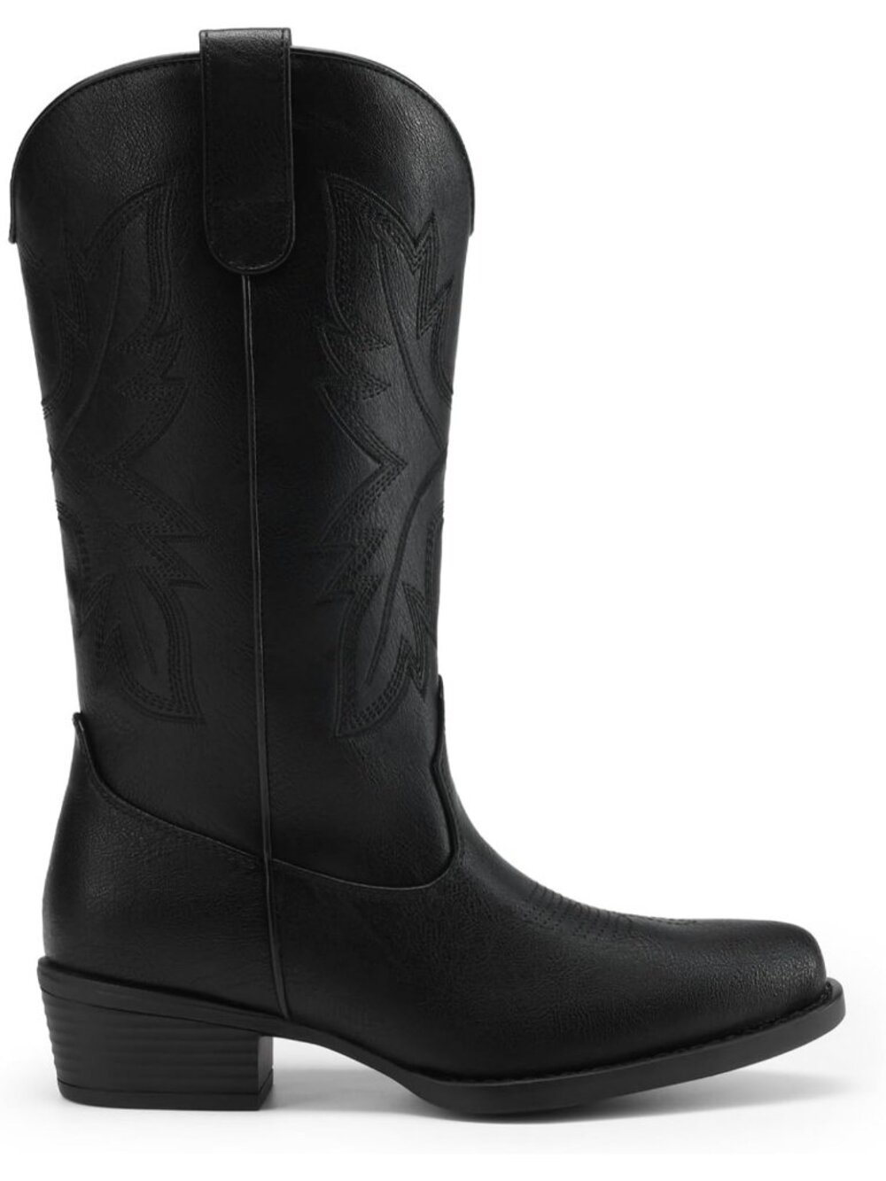 Women Cowgirl Western Mid Calf Black Snip Toe Embroidered Low Chunky Heel Boots - Picture 4 of 7